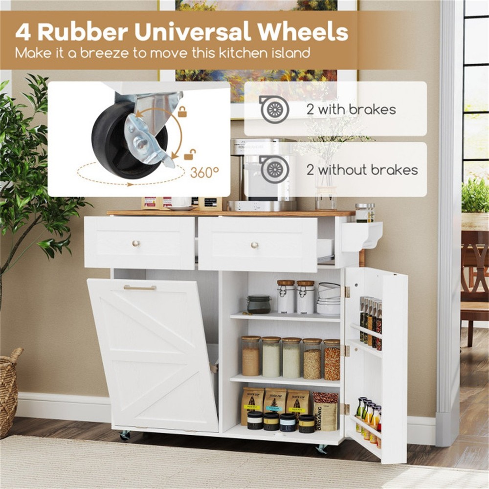 Mobile Kitchen Island Cart with Drop-Leaf Design Lockable Wheels Trash Storage​