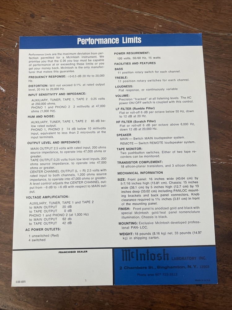 Vtg McIntosh Catalog Insert C26 Preamplifier Brochure