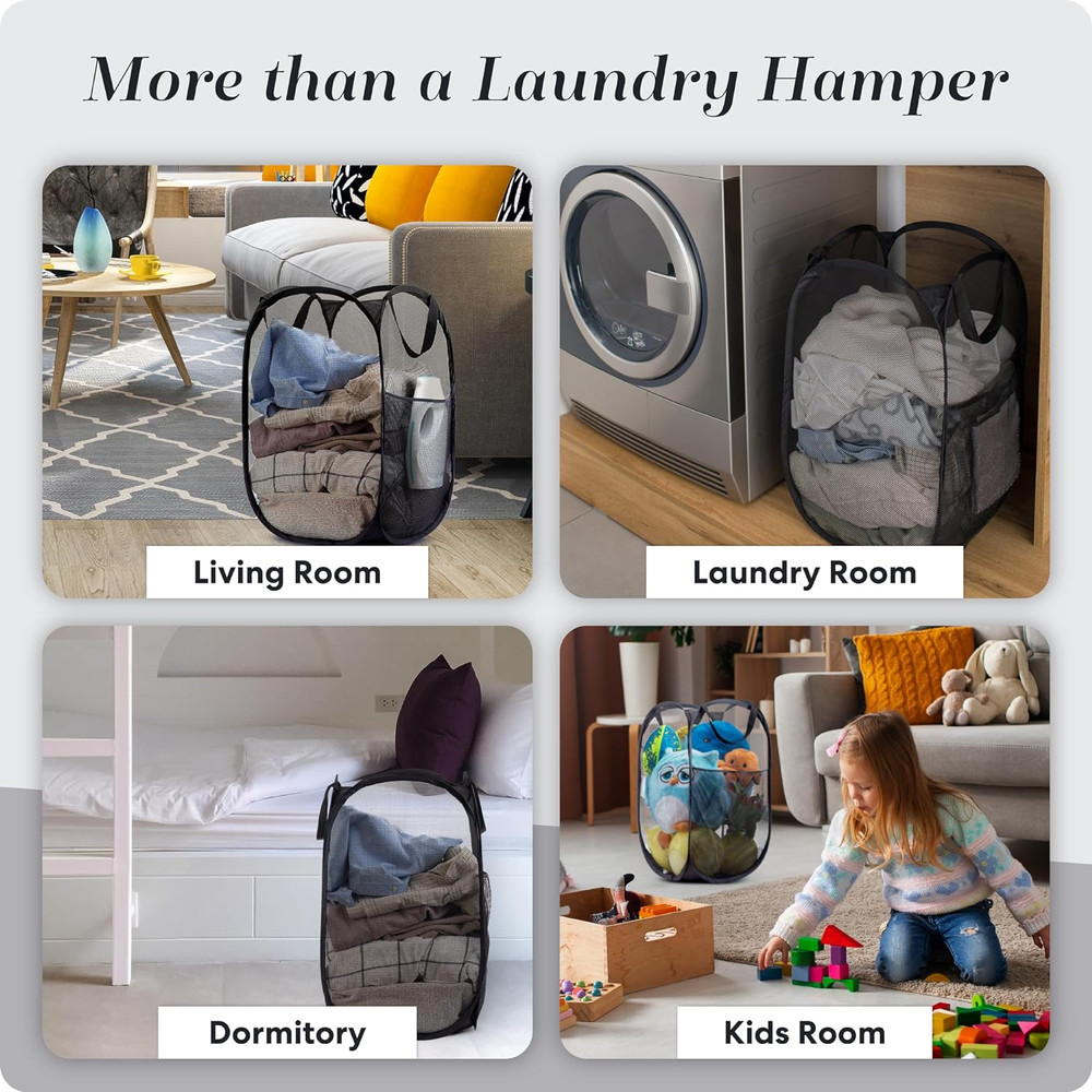 Pop Up Laundry Hamper Basket with Side Pocket – Foldable Fabric Bin for Clothes