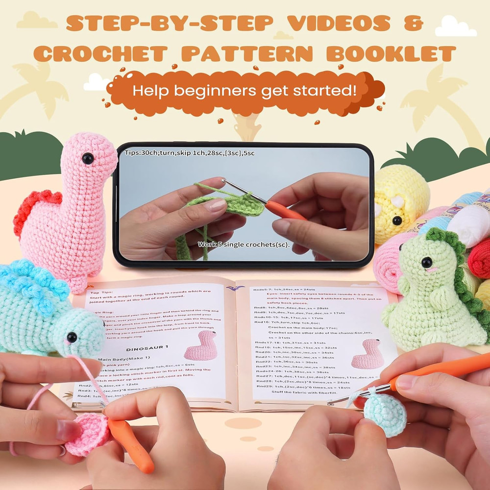 Beginner Crochet Kit with Video Tutorials - 4 Pack Dinosaur Patterns