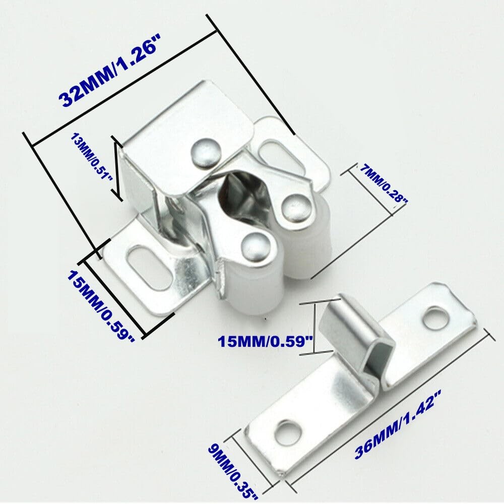 6 Pack Cabinet Latch - Double Roller Catch Hardware for 6 Pieces, Silver