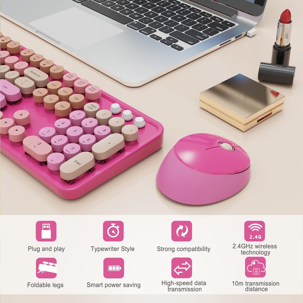 Red Wireless Keyboard Mouse Combo Full Size Retro Round Keycap PC Windows