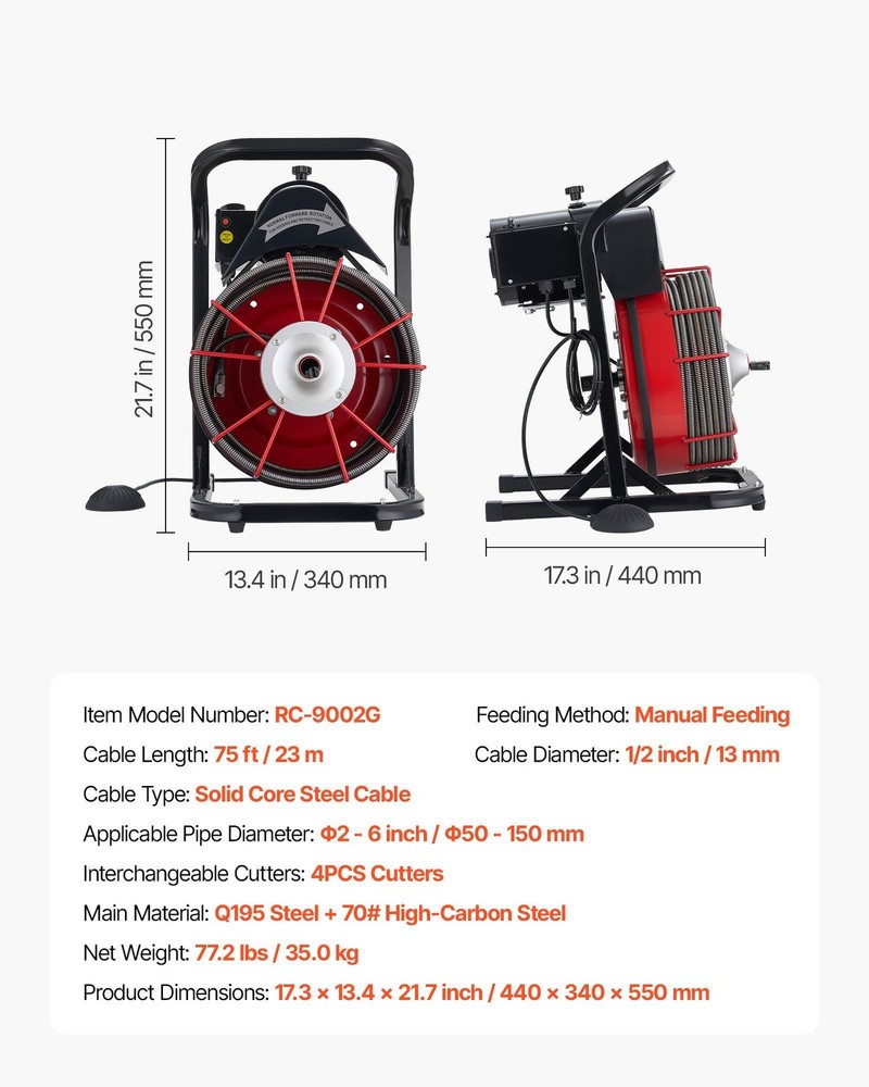75ft Solid-Core Drain Auger, 4 Interchangeable Cutters