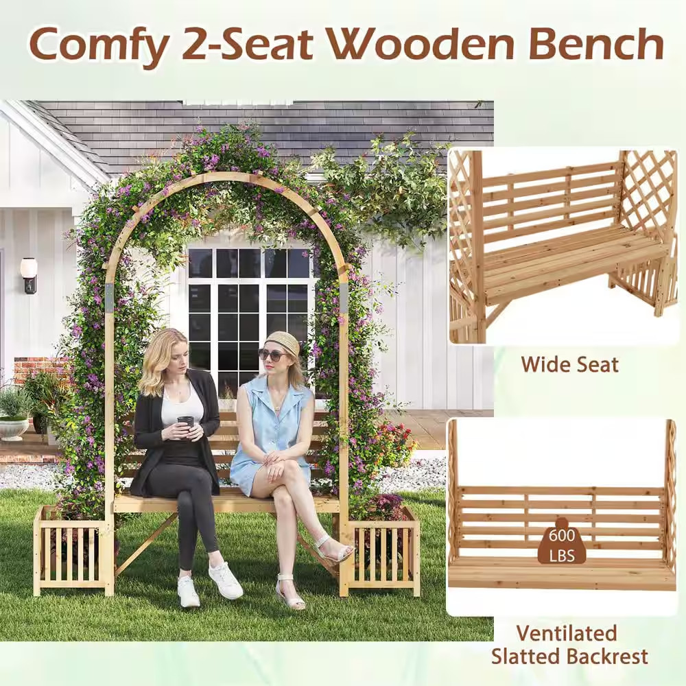 Garden Bench Arbor Arch with Love Seat 2 Trellises & Planting Box to Grow Grapes