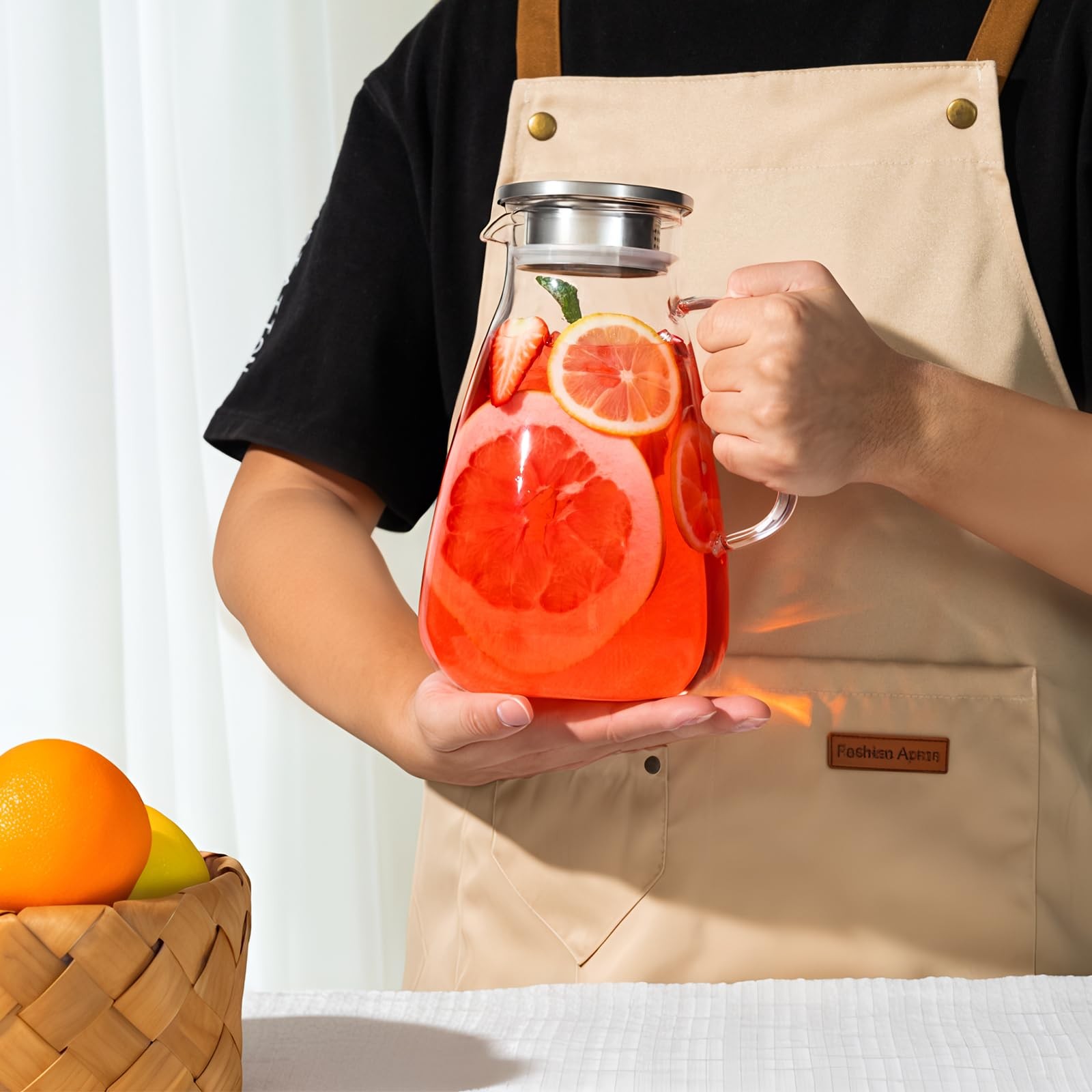 2 Liter 68 oz Glass Pitcher with Lid, Modern Design, Transparent, Leakproof, ...