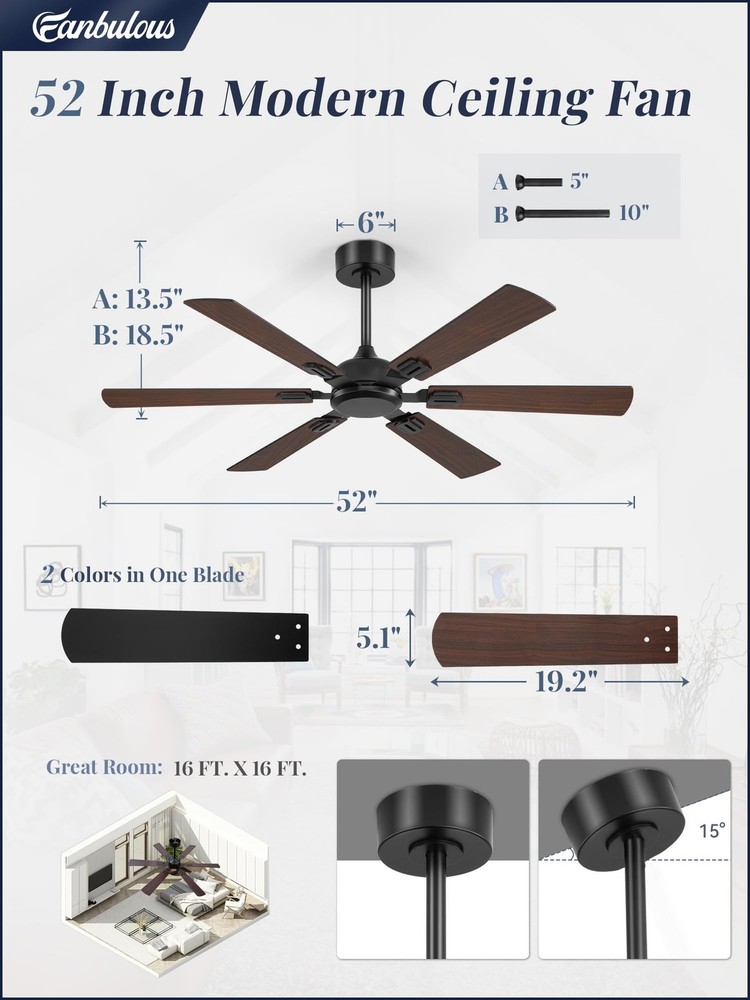 52 Inch Ceiling Fans No Light with Remote, Modern Ceiling Fan Without Light, ...