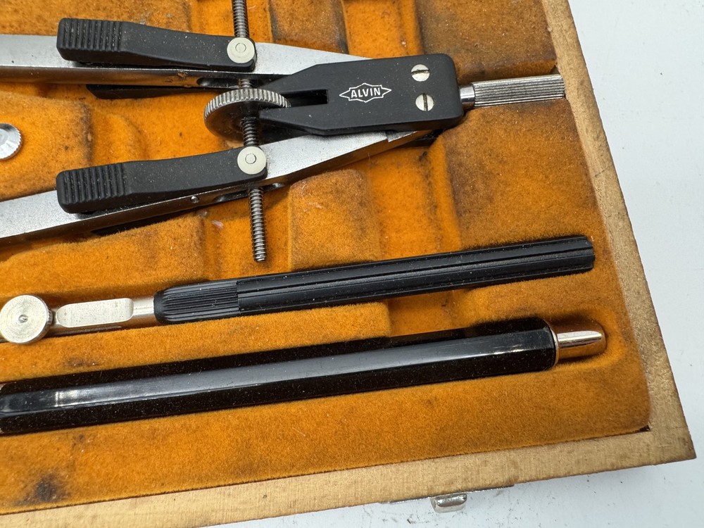 Vintage Alvin Precision Drawing Set Drafting Tools Compass German Wood Case