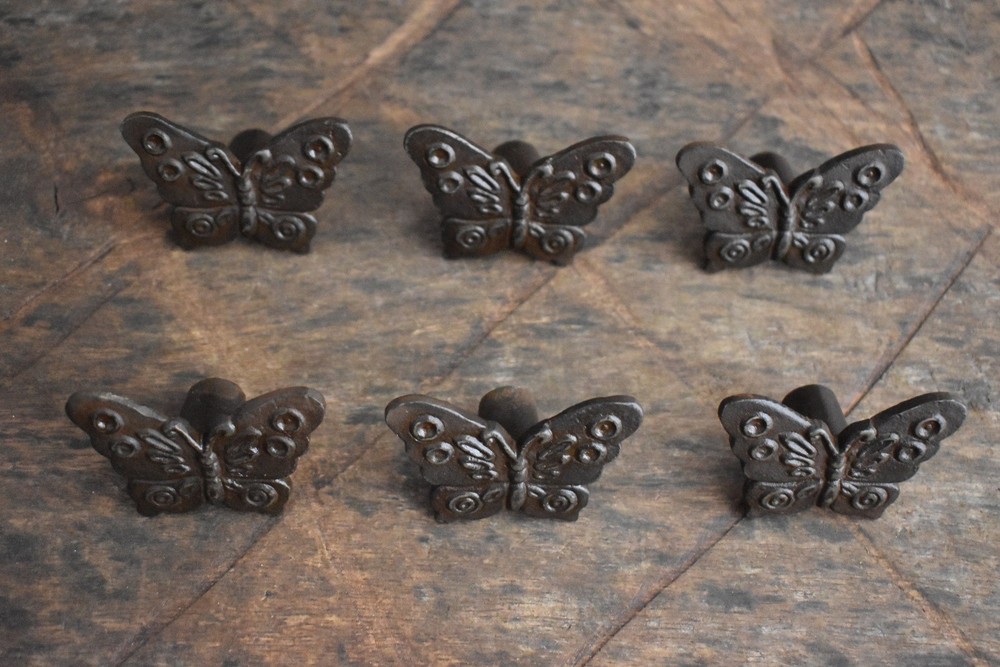 Iron door knobs Vintage Butterfly cabinet drawer handles pull rustic hardwr 6pc