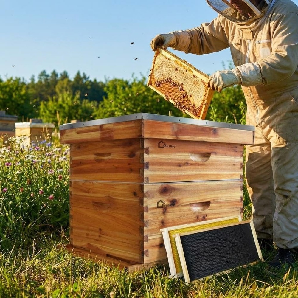 Complete 10-Frame Beehive Kit, 1 Deep 1 Medium, Beeswax Cedar, Easy Assembly