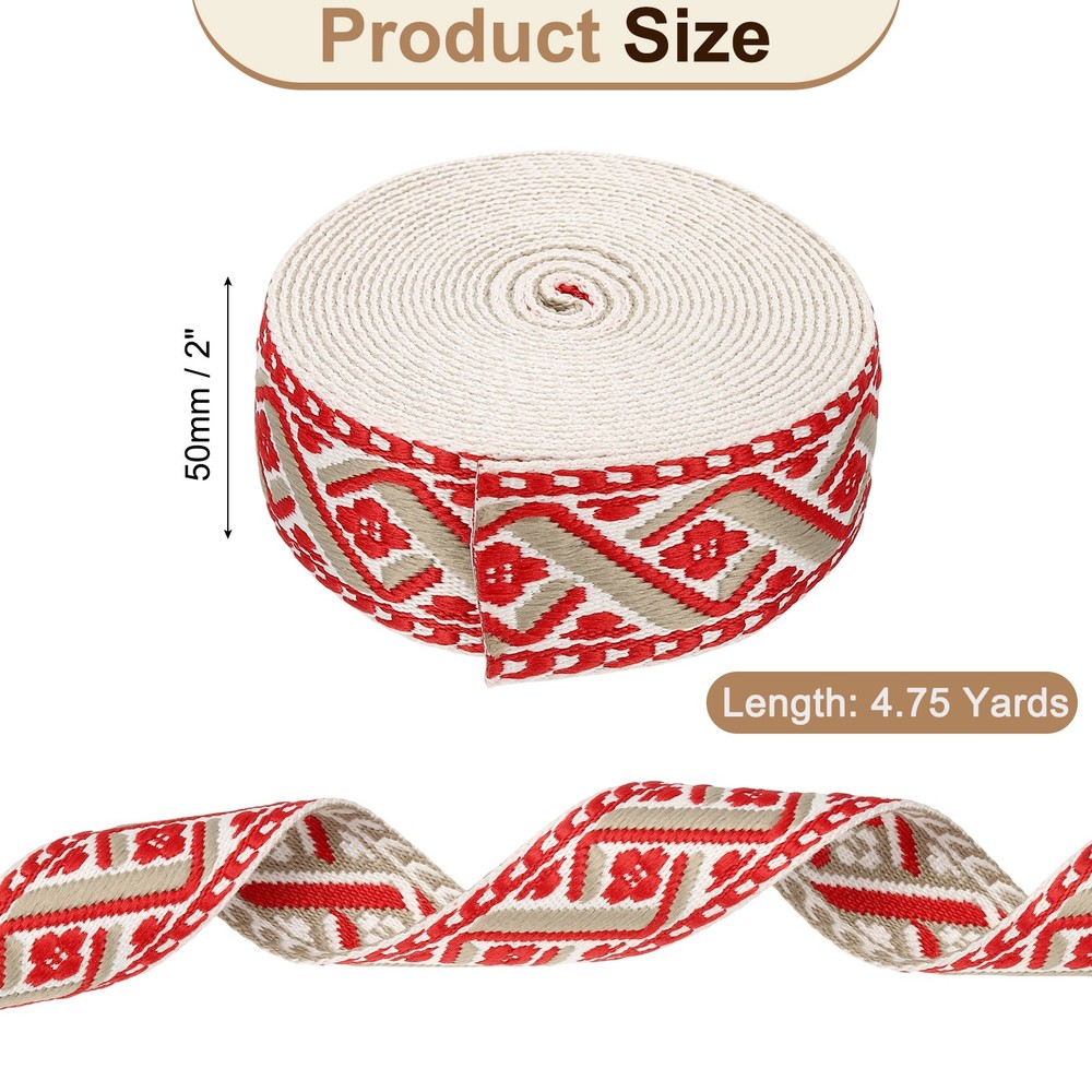 4.75Yards Cotton Webbing Strap 50mm Jacquard Webbing Strap, White-Red