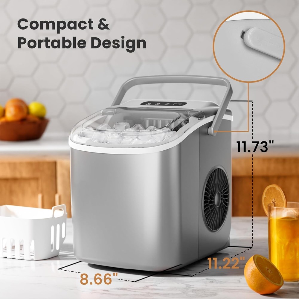 Portable Countertop Ice Maker Machine with Handle, 9 Bullet-Shaped Ice Cubes Rea