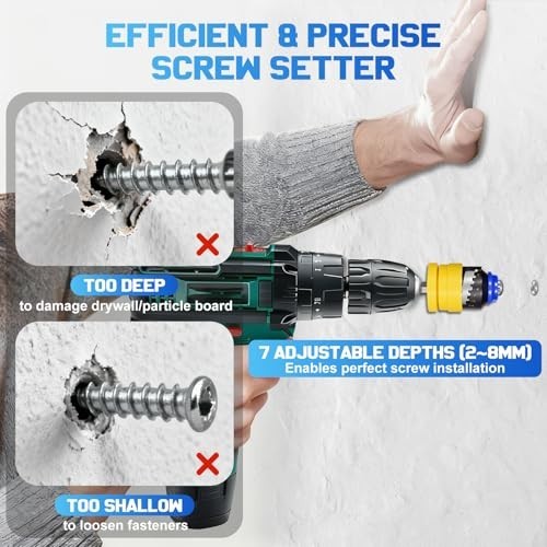 7-Level Adjustable Drywall Screw Setter with 2 Bits & Magnetic Holder - Converts