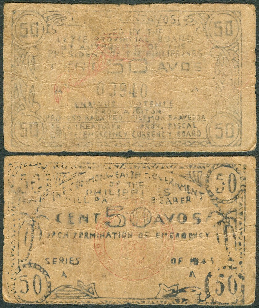 US Philippine 50 Centavos, LEYTE WW2 Guerrila Emergency Note 1943