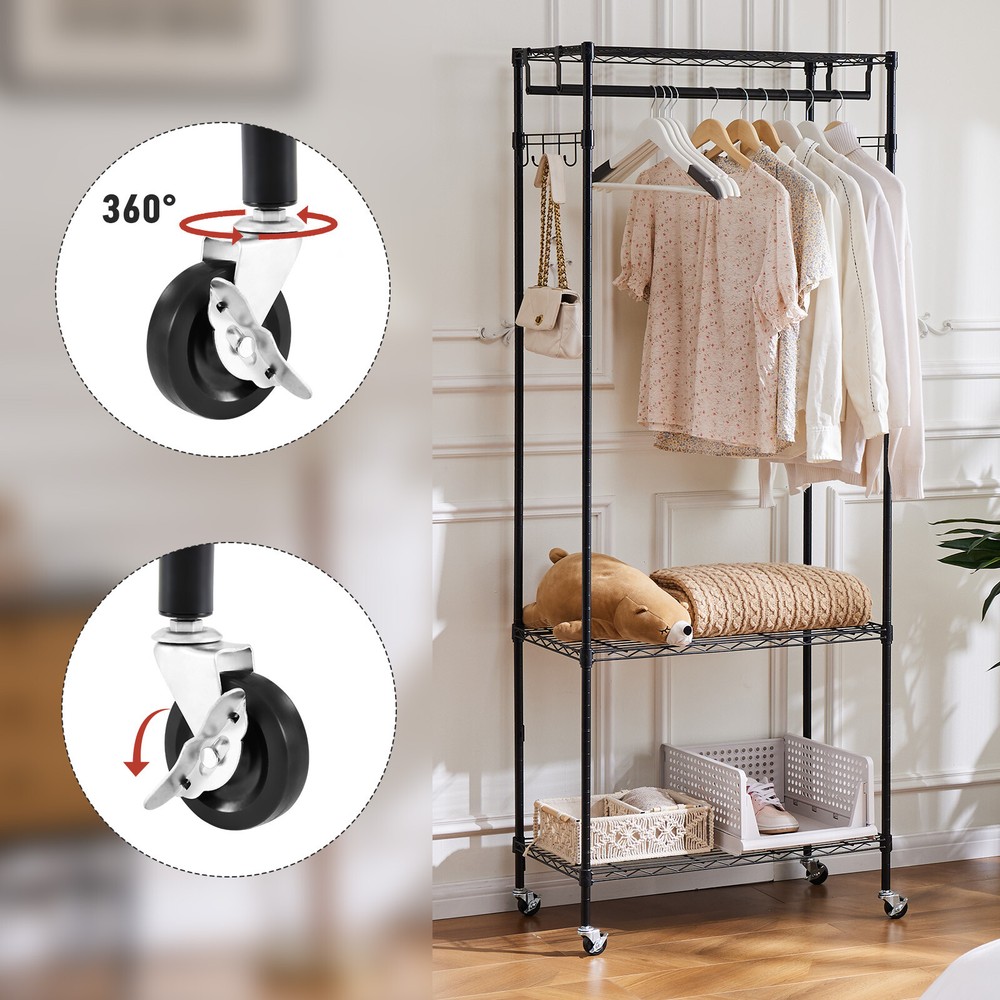 Clothes Rack Portable Adjustable Wire Shelves with Hanging Rods/Side Hooks