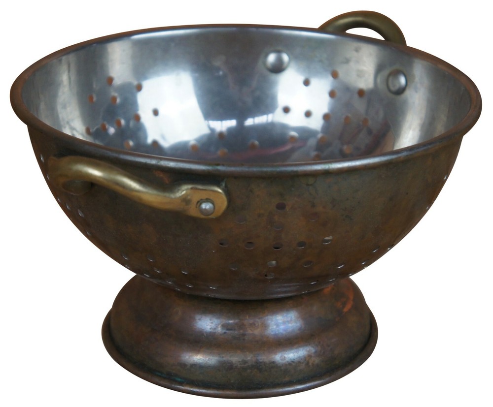 Vintage Stainless Copper Brass Handled Strainer Colander Kitchen Cookware 8"