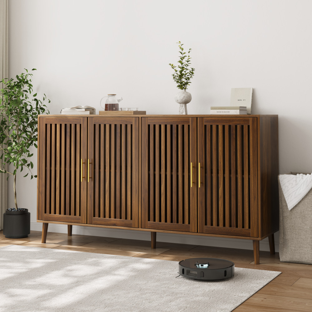 Walnut Grille Striped Sideboard 63" Buffet Storage Dining Cabinet