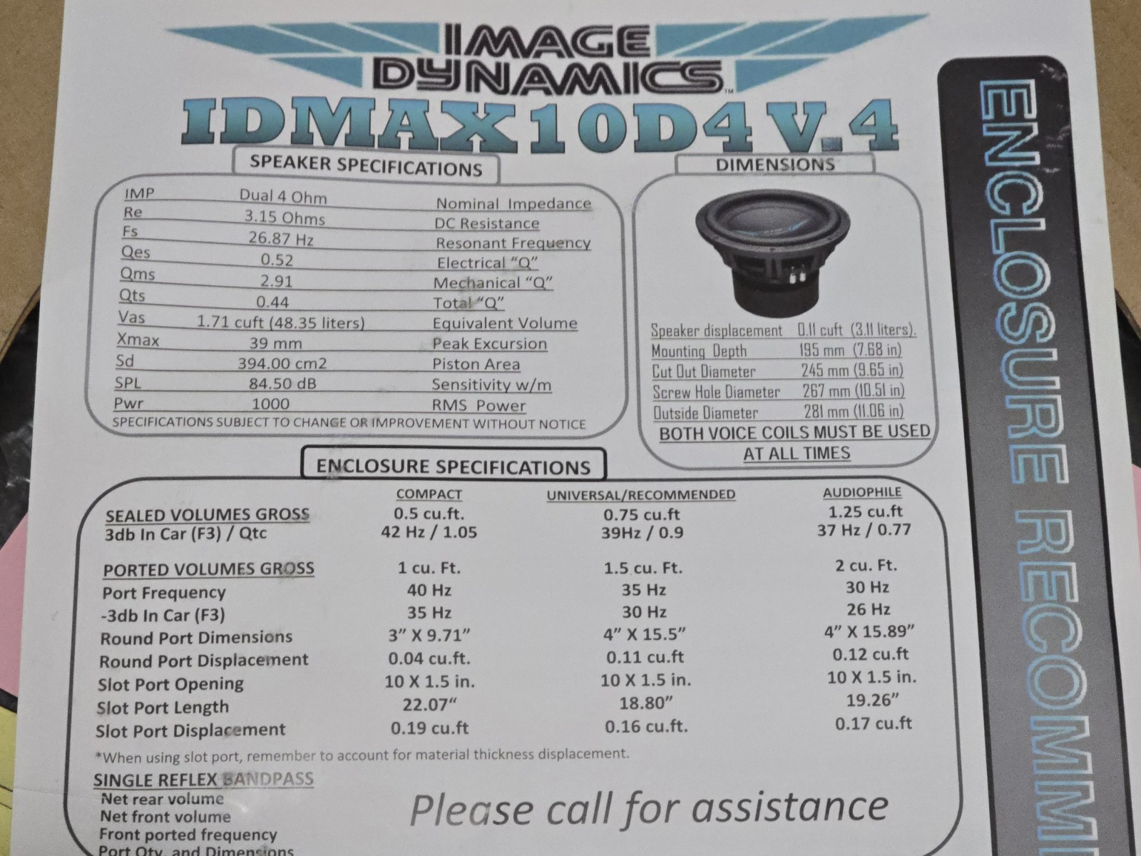 IMAGE DYNAMICS IDMAX10 V.4 D4 DVC, 1,000W RMS, * LOUD AF * AUDIOPHILE SUBWOOFER