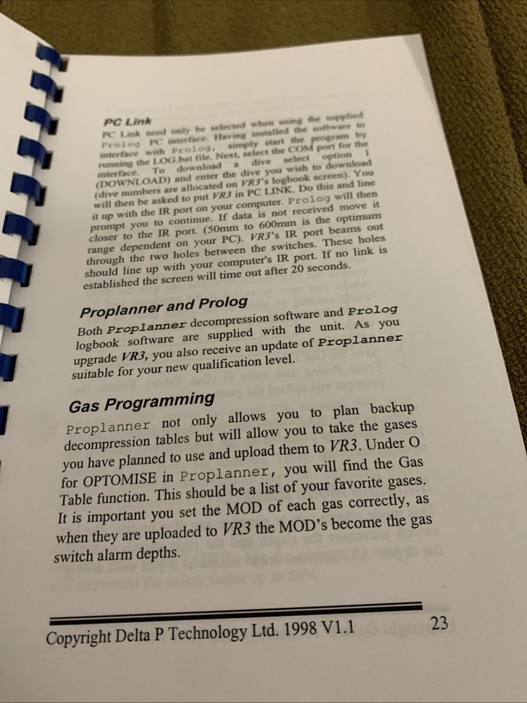 VR3 Scuba Decompression Computer Multi gas Multimode Operators Manual V1.1
