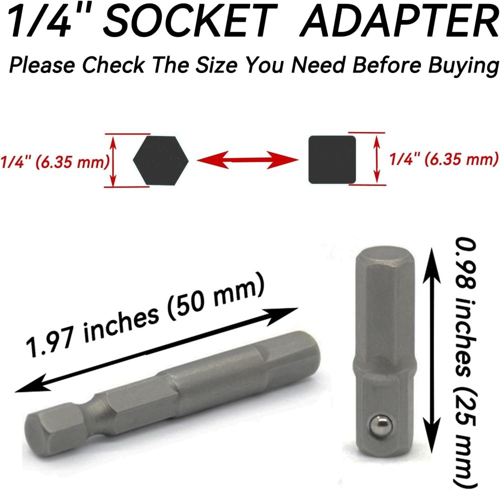 1/4 Hex to Socket Adapter,Hex Square 1/4" Bit inch