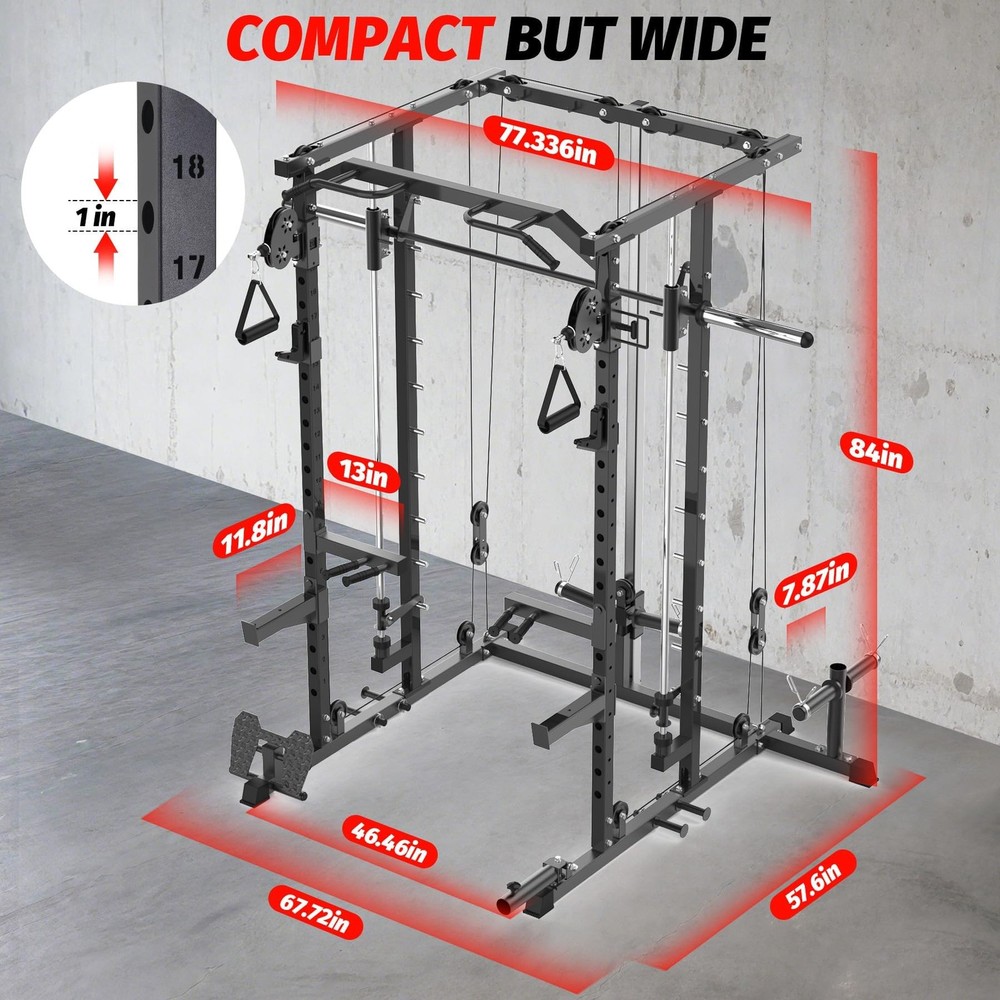 Smith Machine Power Cage with Pulley System LAT Pulldown Squat Rack for Home Gym
