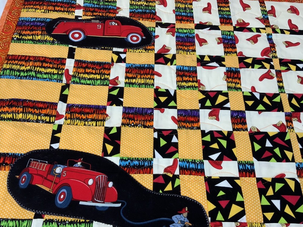 Patchwork Quilt Wall Hanging, Rectangles, Contemporary Prints, Fire Trucks