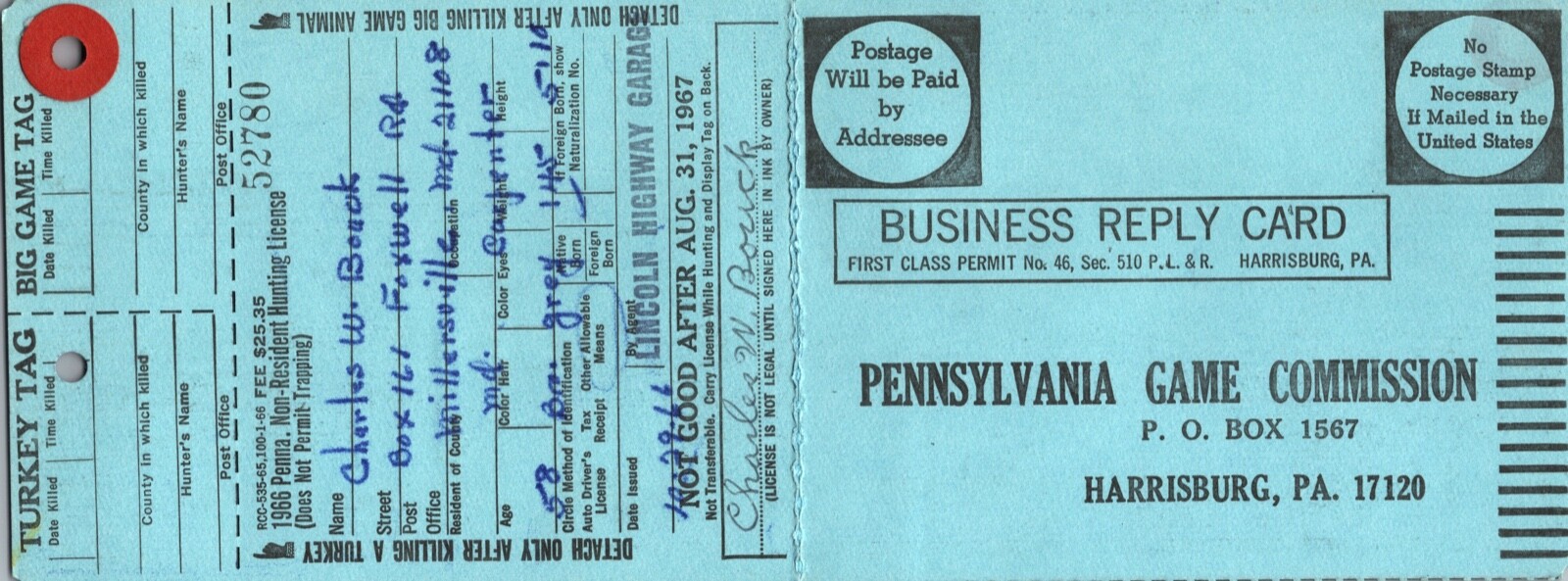 Hunting License Turkey Tag, Big Game tag 1965 Pennsylvania