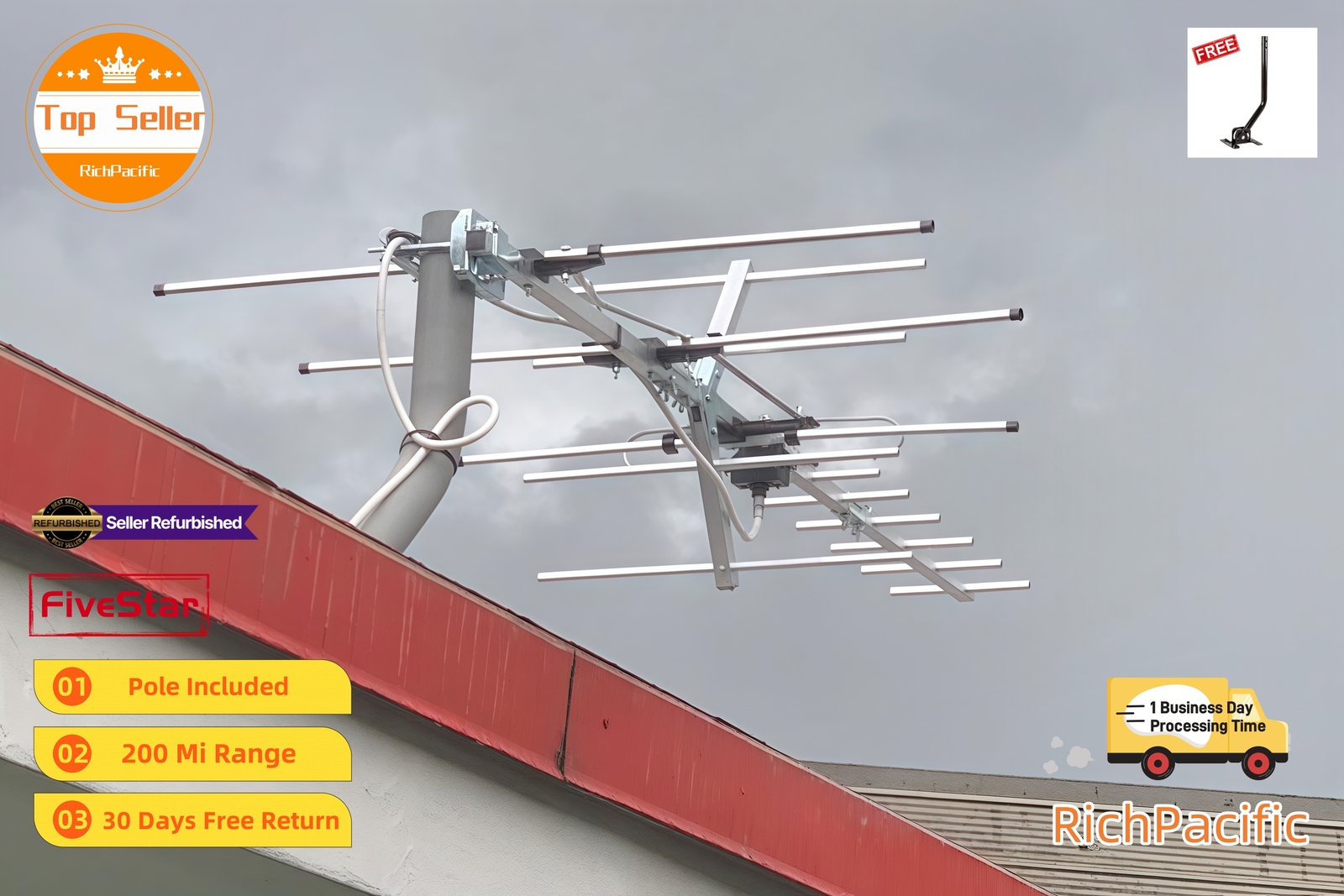 Long Range Yagi HDTV Antenna Outdoor 250 Mile UHF VHF FM Signal Booster