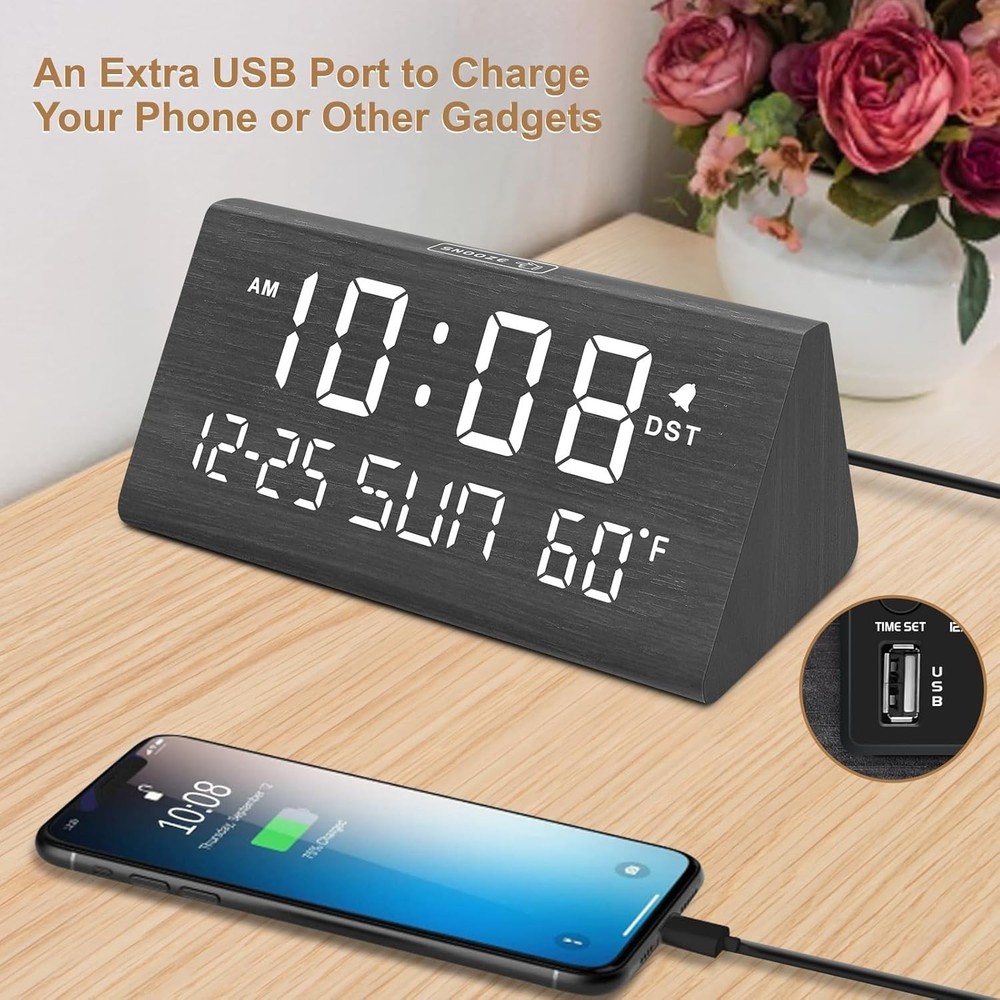 Versatile USB Wooden Alarm Clock with Adjustable Volume & Brightness Control