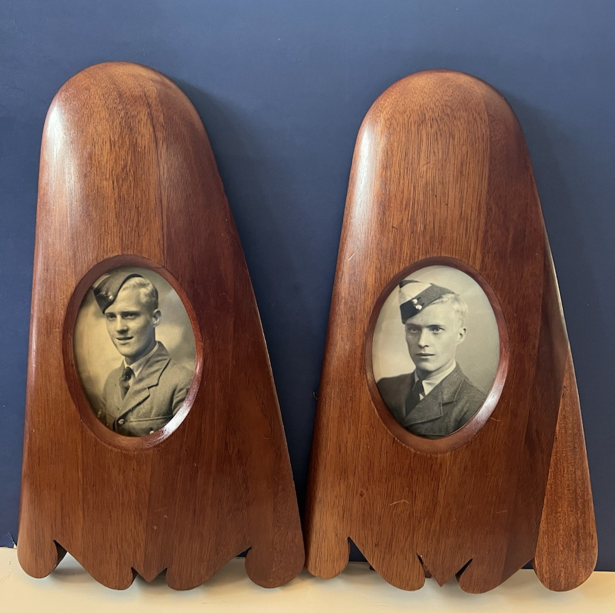 Pair of Antique WWI Photo Frames of Soldier Made From Airplane Propellars