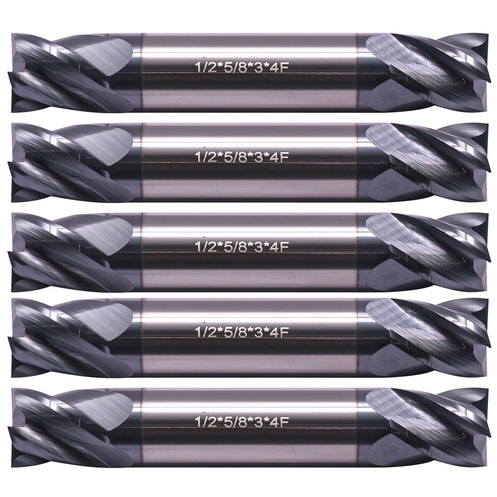 5Pcs 4 Flute Solid Carbide 1/2"x5/8"x3" End Mills - Double End - AlTiN Coated