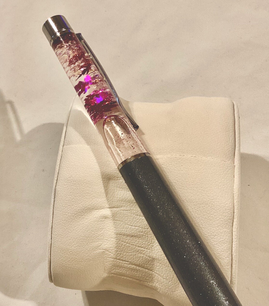 Handmade New Gray Float Pen w/floating Purple Weed Leaves & Glitter