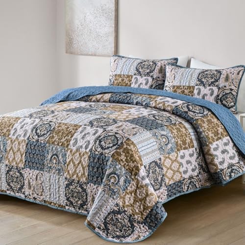 Boho Quilt Set Size Patchwork Plaid Bedspread Bedding Sets Paisley Queen Blue
