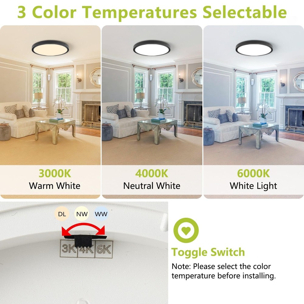 23.7 Inch LED Flush Mount Ceiling Light - Dimmable & 3 CCT Modes(3000/4000/60...