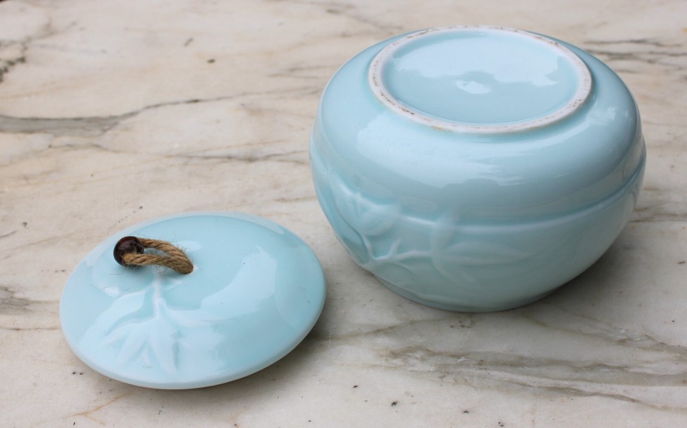 Ceramic Light Blue Pet Urn with Embossed Vines