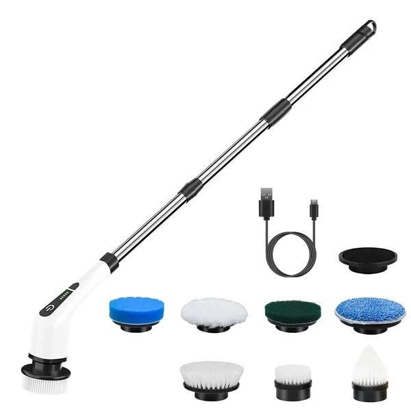 Electric Spin Scrubber Cordless Cleaning Brush Extendable With 8 Replaceable Hea