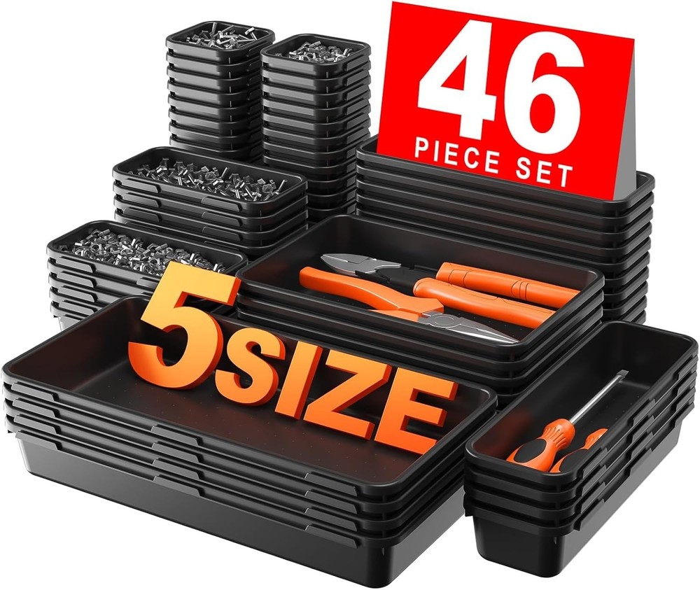 𝟰𝟲𝗣𝗖𝗦 & 5 Size】Tool Box Organizer Tray Divider Set, 【Black】 Desk Drawer ...