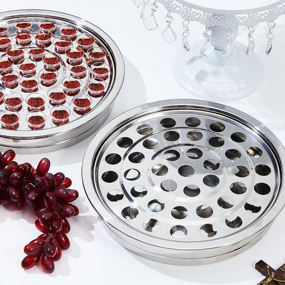 Silver Communion Trays Set with Disposable Cups for Churches - 2 Pcs