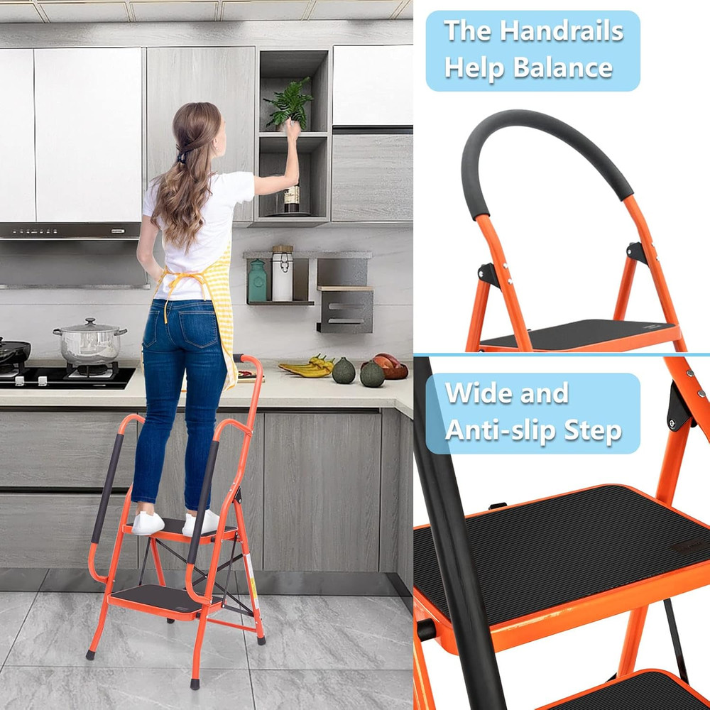 LUISLADDERS 2 Step Ladder, Folding Step Stool with Handrails, Step Ladder 2 Step