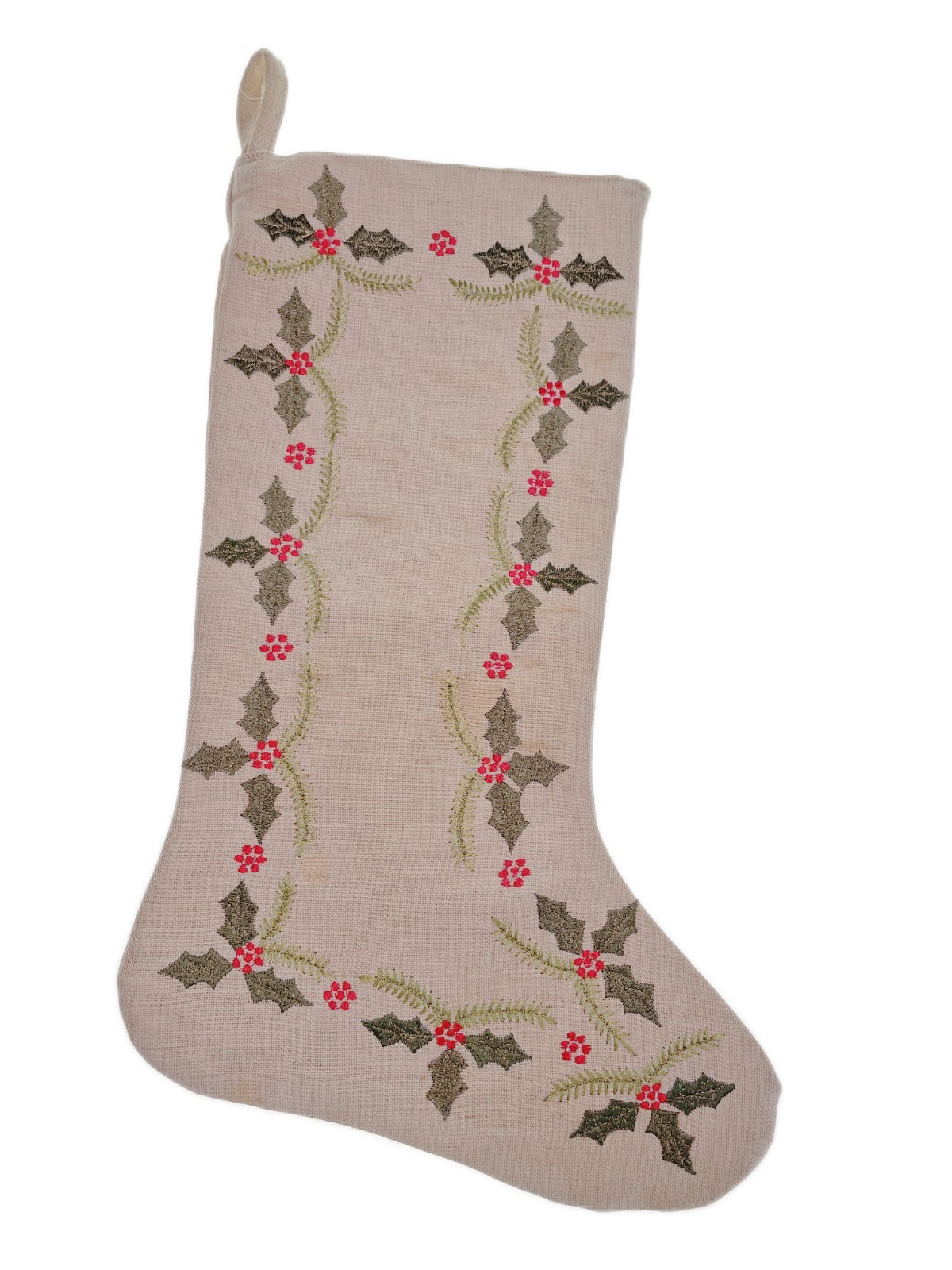 19” Christmas Stocking Beige Jute with Embroidered Holly Berry & Leaves