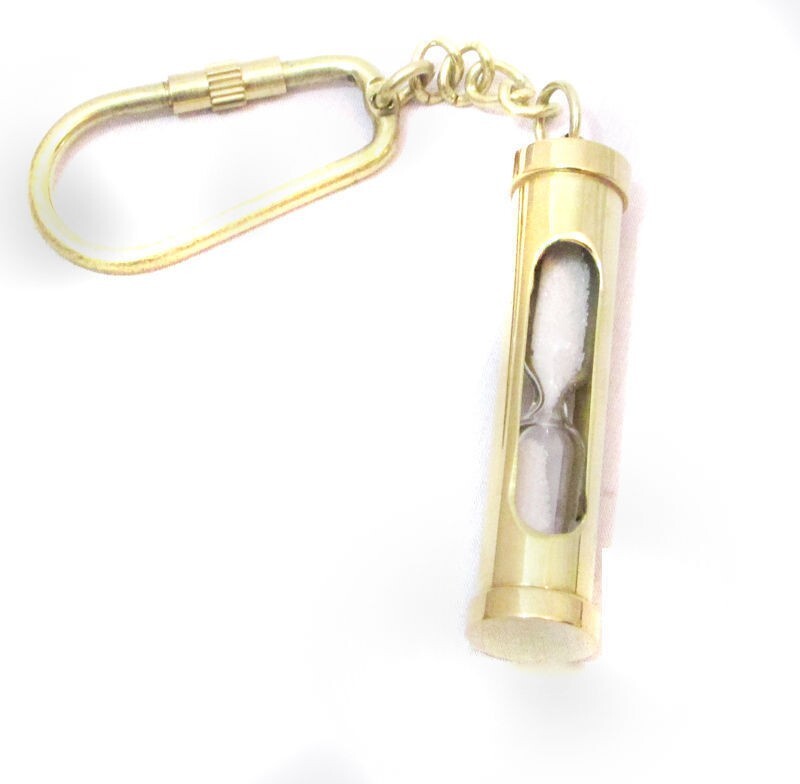 2 x Solid Brass Mini Maritime Sand Timer Key Chain Ring Nautical Pirate hourglas