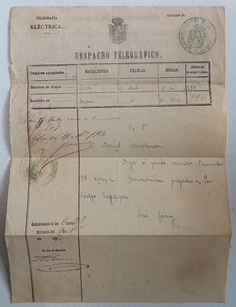 Spain Electric Telegram used 1870