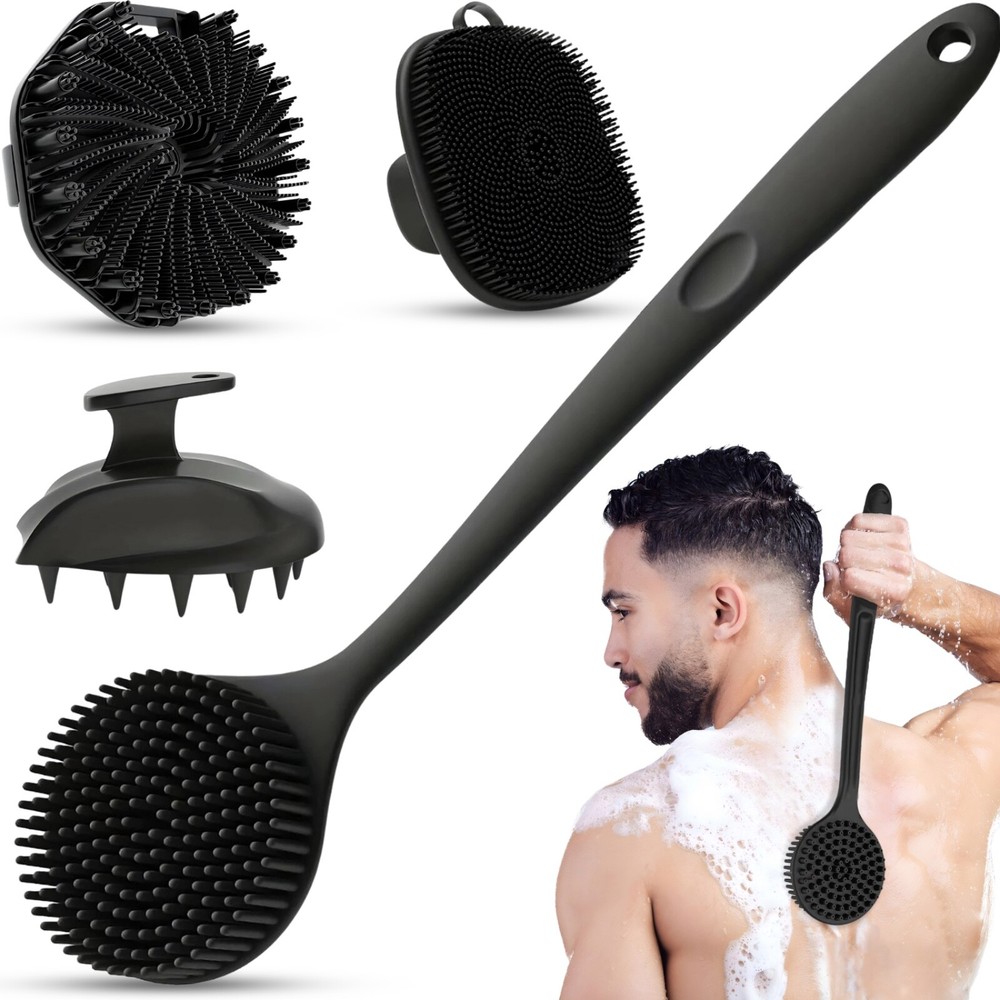 4pcs Silicone Bath & Shower Brush Set - Double Sided Long Handle For Back, Face