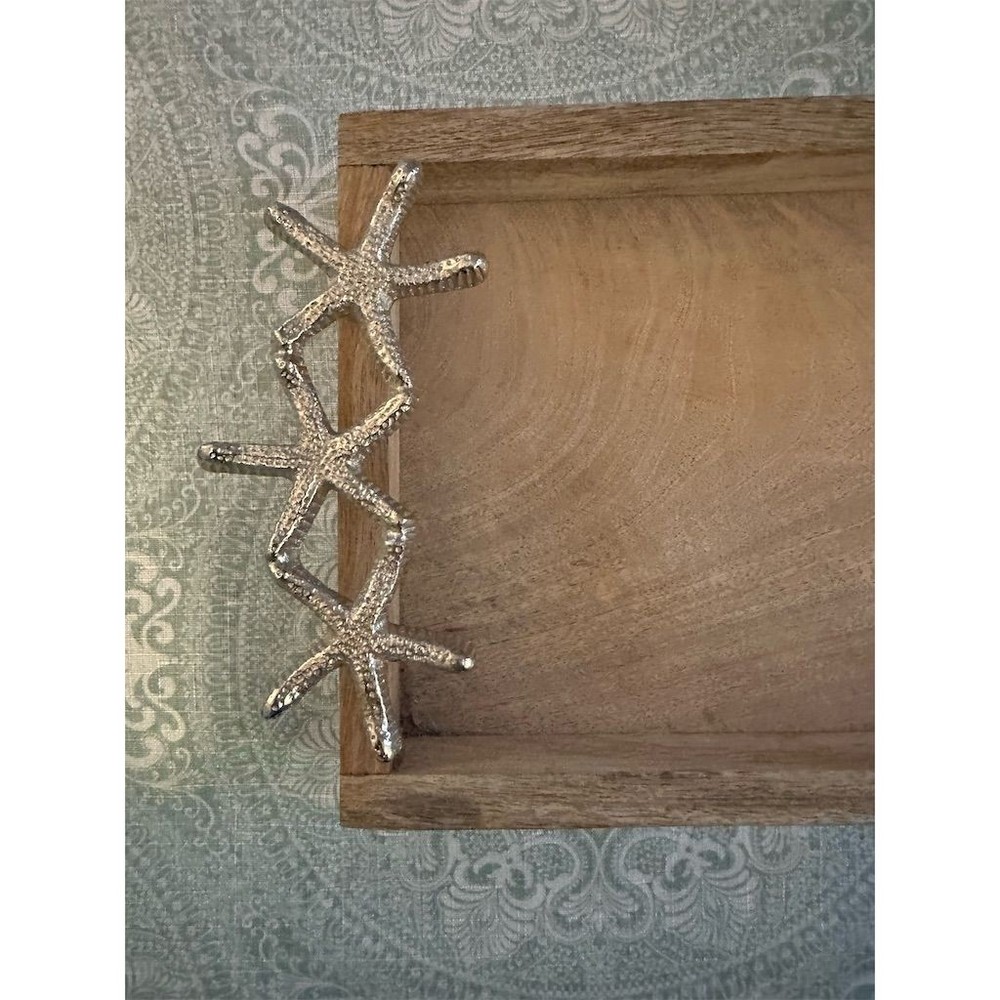 Rustic Mango Wood Serving Tray with Starfish Handles Coastal Decor