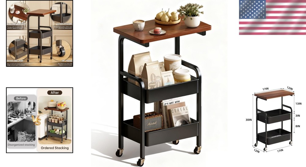 Compact 3-Tier Storage Cart with Walnut Surface - Perfect for Kitchen & Craft
