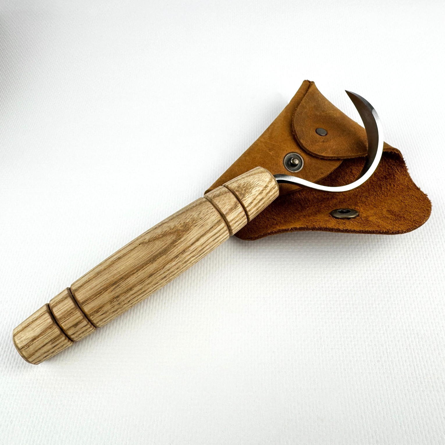 Hand-Forged Hook Knife – 52100 Steel Blade, Ash Handle, With Leather Sheath