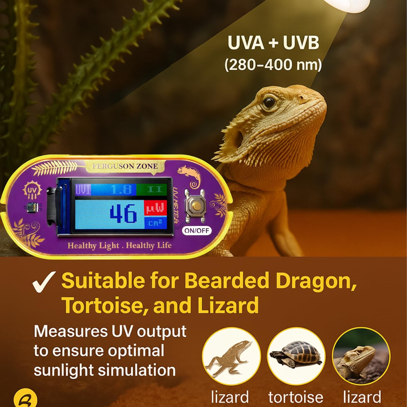 ClariVora Reptile UVB UVA Light Meter for Bearded Dragon Tank Yellow
