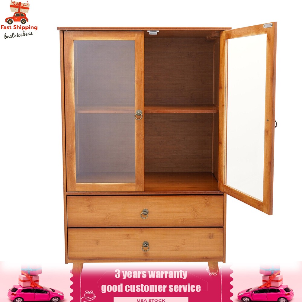 2-Compartments Bamboo Kitchen Sideboard Storage Organizer Cupboard Freestanding
