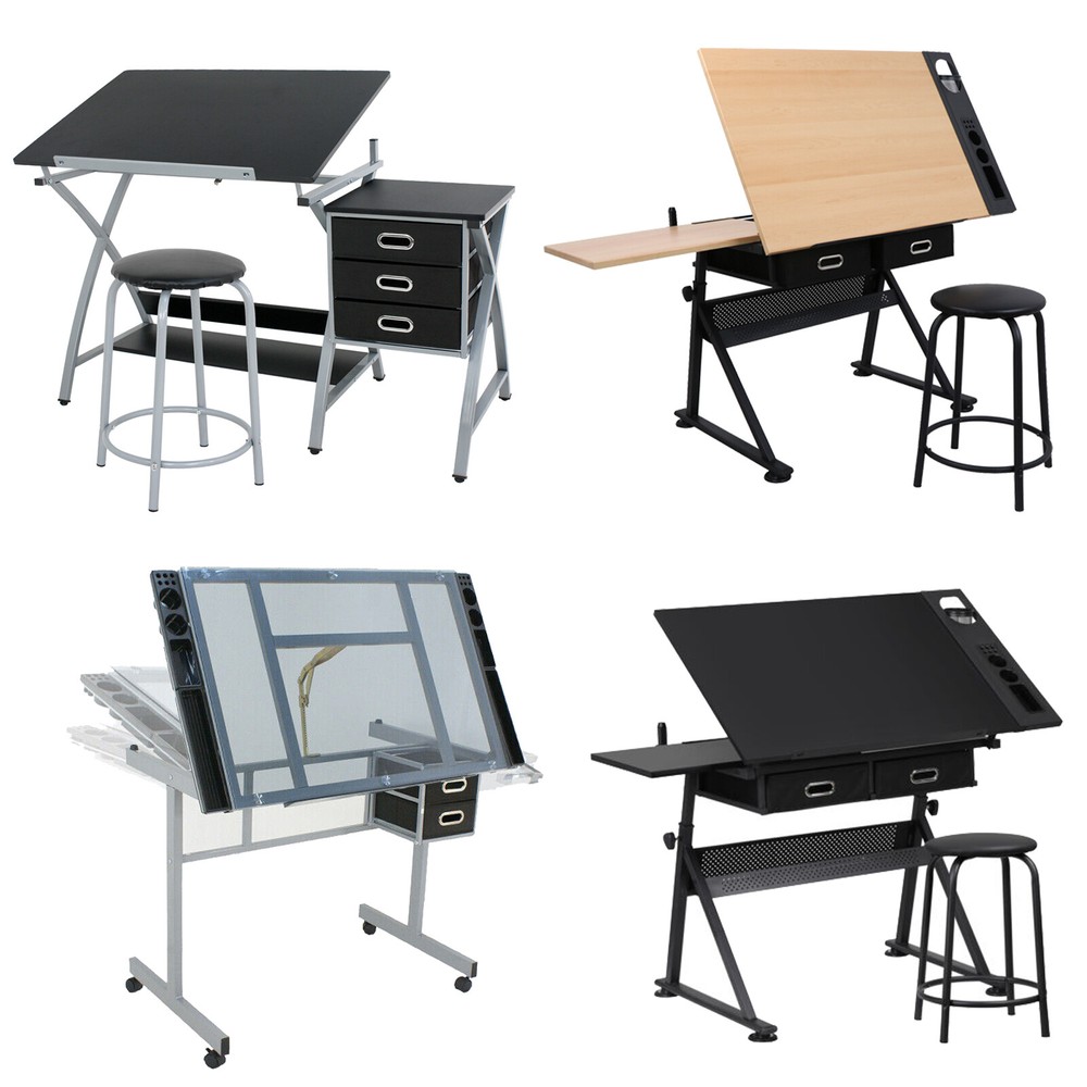 Drafting Table Drawing Desk Tempered Artist Workstation Craft Table w/ Drawers