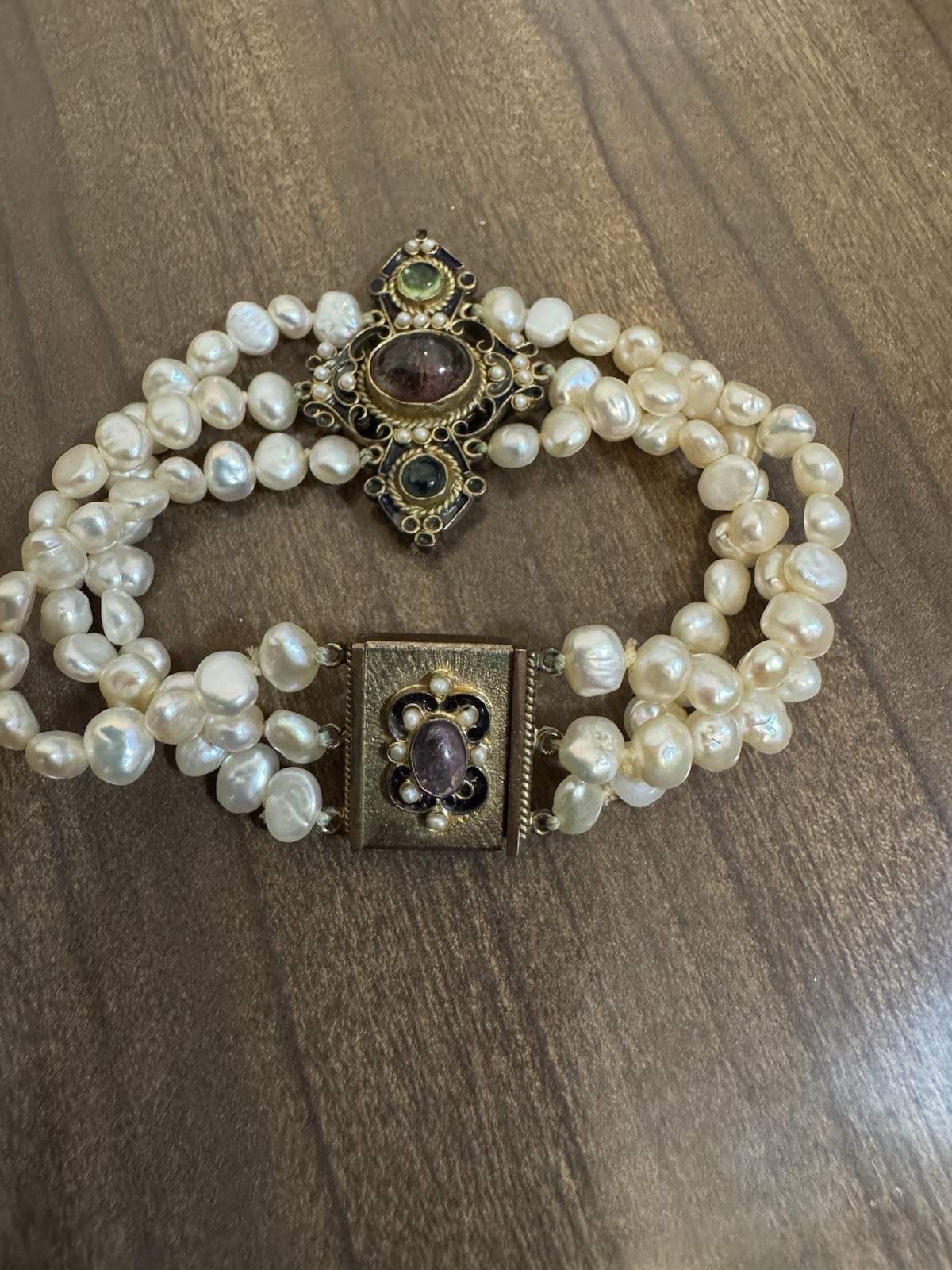 Percossi Papi Marked Jaded Jewel And Enamel Pearl Moonstone Bracelet 7 Inch