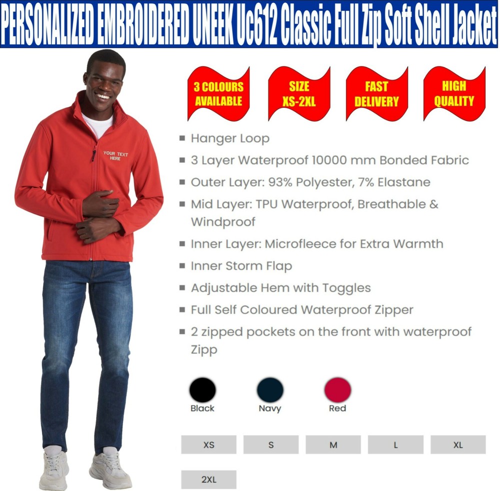 Personalised Embroidered Uneek UC612 Classic Full Zip Soft Shell Jacket